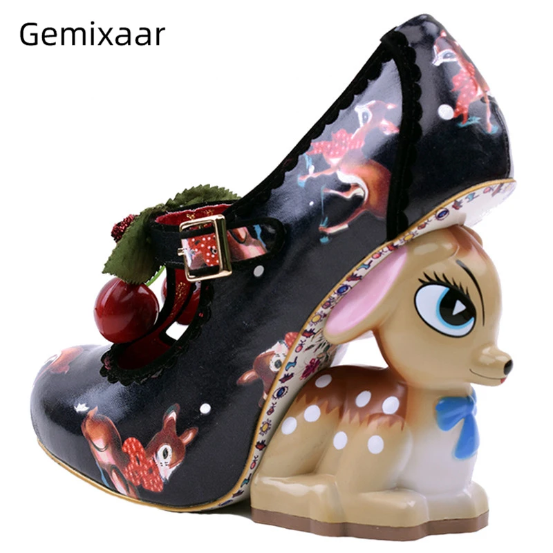 

Deer-Shaped Strange Heel Banquet Shoes Woman Round Toe T-strap Print Color Round Toe Cherry Decor Women Pumps