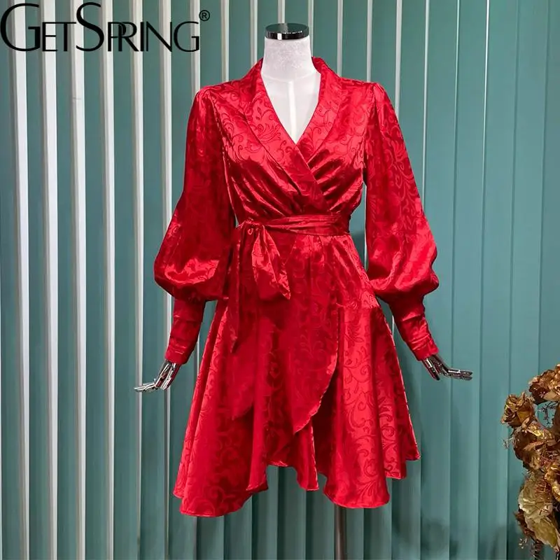 

Getspring женское платье с рукавами-фонариками и V-образным вырезом, бандажные асимметричные платья с принтом, асимметричные осенние платья с дл...