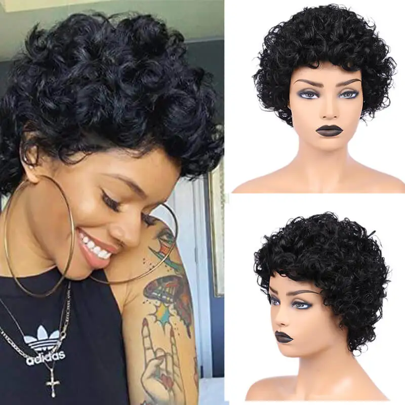 Natural Black FAVE Pixie Cut парик короткие парики из человеческих волос бразильский Реми прямой парик натуральный черный с челкой зрелых и способный прическа парик - Цвет волос: Natural Black