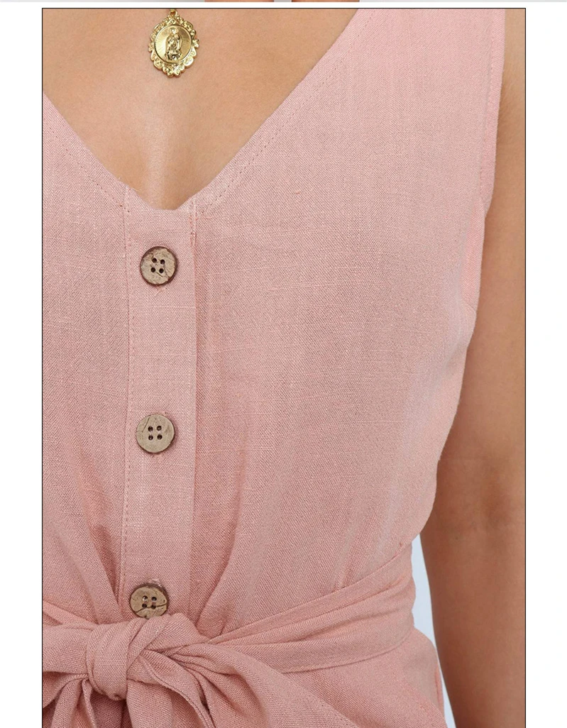 

Women Playsuits Sexy V Neck Sleeveless Button Sashes Cotton Playsuits Casual Slim Pocket Pink Black Short Jumpsuit Femme Rompers