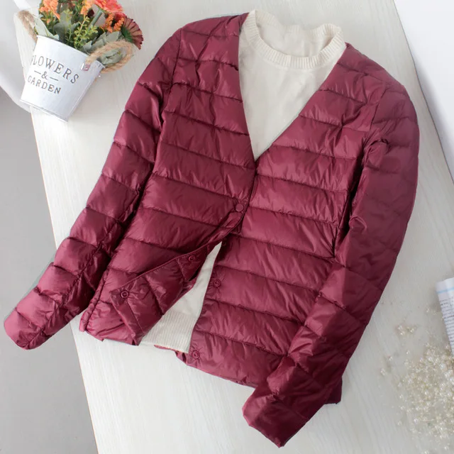 Wine Red Schinteon ультра тонкий пуховик 90% белый утиный пух тонкий пальто тонкий внутренний Нижняя короткая одежда Осень Новая мода - Цвет: Wine Red
