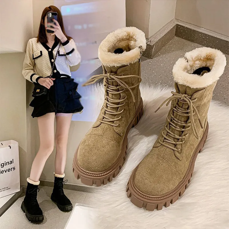 

British Style Ankle Boots Ladies Retro Short Boot Lace-up Warm Fur 2022 Short Plush Non-slip Suede Platform Thick Heel Footwear
