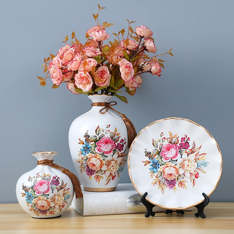 

3Pc/Set Mini European Ceramic Vase Dried Flowers Flower Arrangement Wobble Plate Living Room Entrance Ornaments Home Decorations