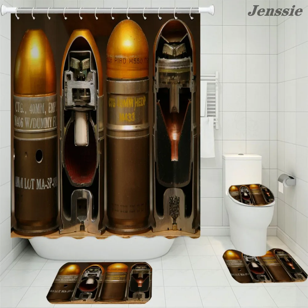 

3D Military Weapon Bullet Pistol Pattern Shower Curtain Bathroom Four-piece Set with Bath Cushion Toilet Lid U-shaped Cushion