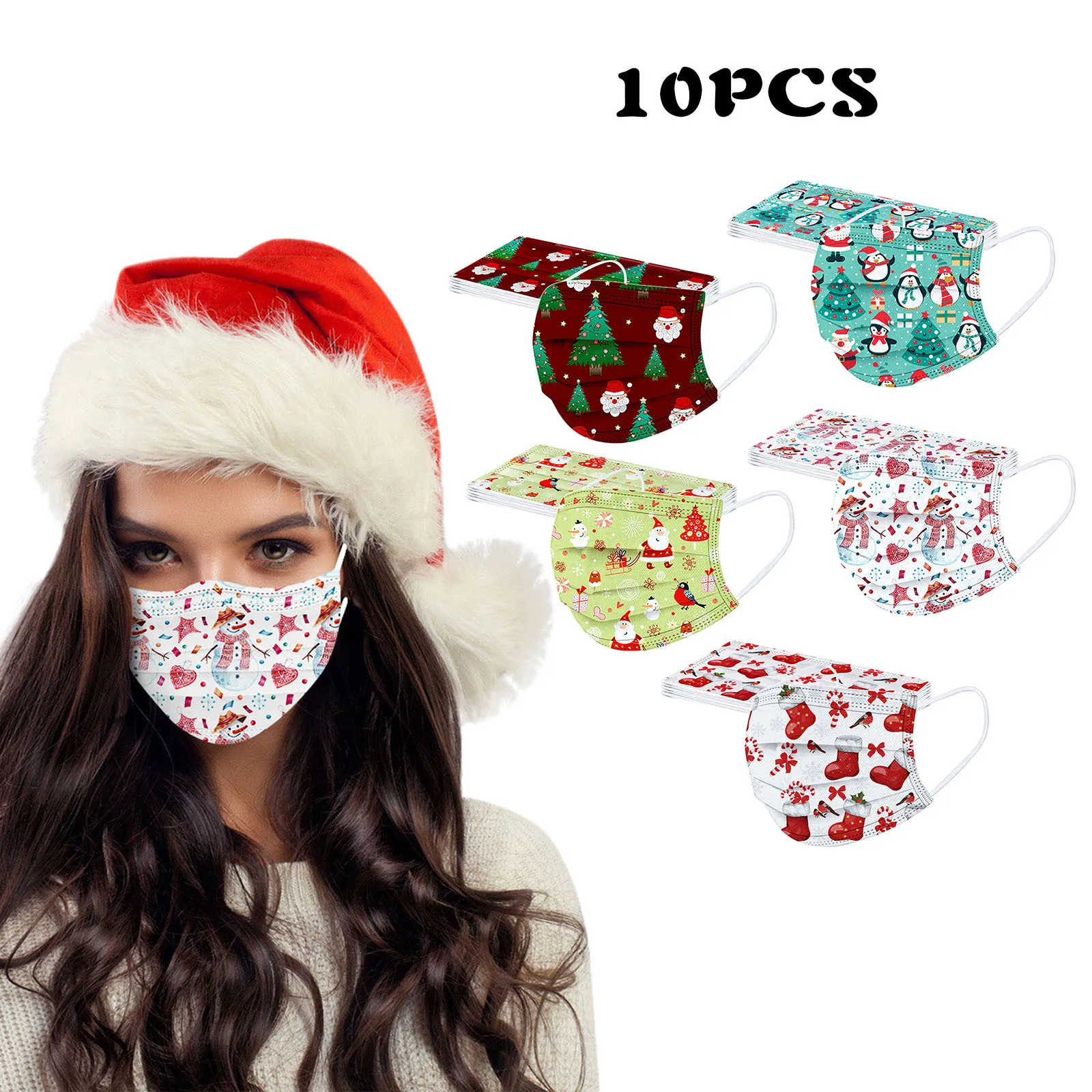 

Disposable Christmas Printed Mask Adult Three Layer Dustproof Non-woven Fabric Face Mask Women Mouth Cover Breathable Maska 10pc