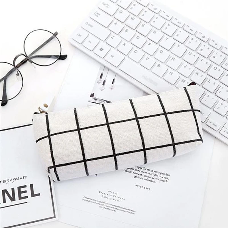 

Canvas Geometric Pencil Bag Case School Simple Striped Grid Solid Color Cute Pencil Bag Case Pouch Office Students Kids Supplies