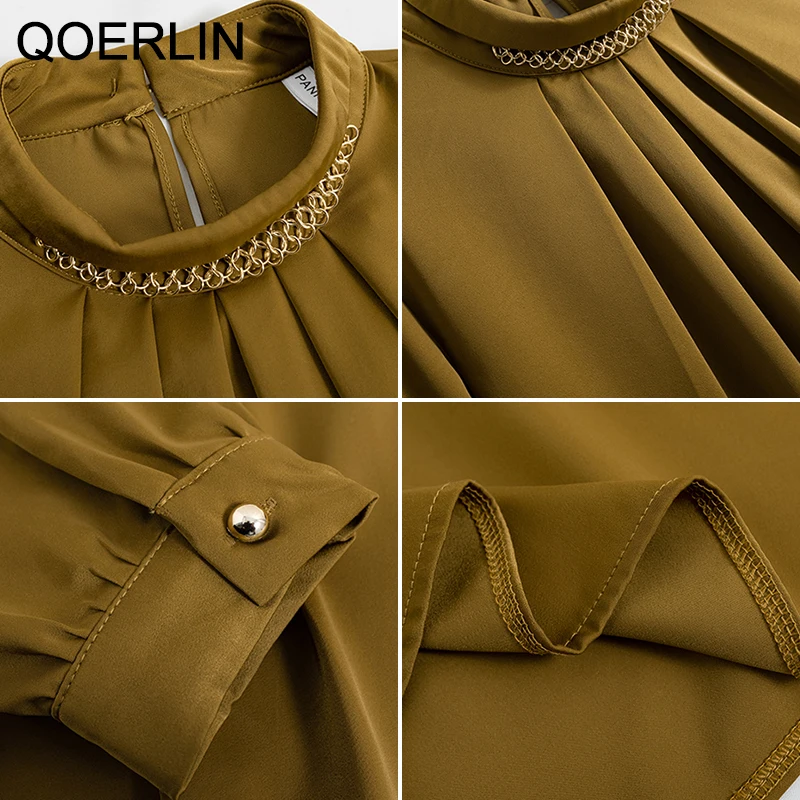 

QOERLIN Spring New Korean Commuter Lantern Sleeve Long Sleeve O Neck Pullover Shirt Blouse Plus Size Back Buckle Top Shirt Mujer