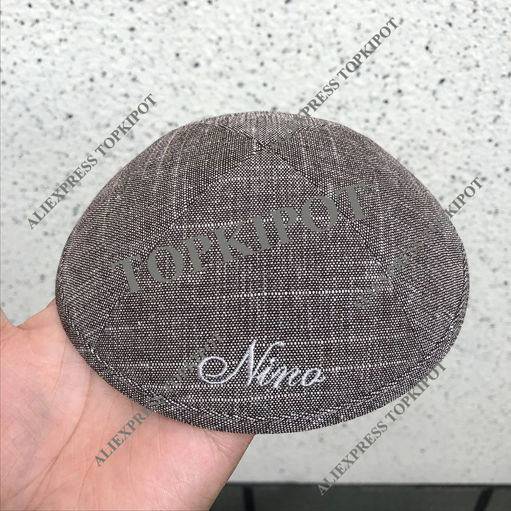 Коричневый тяжелый льняной KIPPAHS с серебристо-серой вышивкой