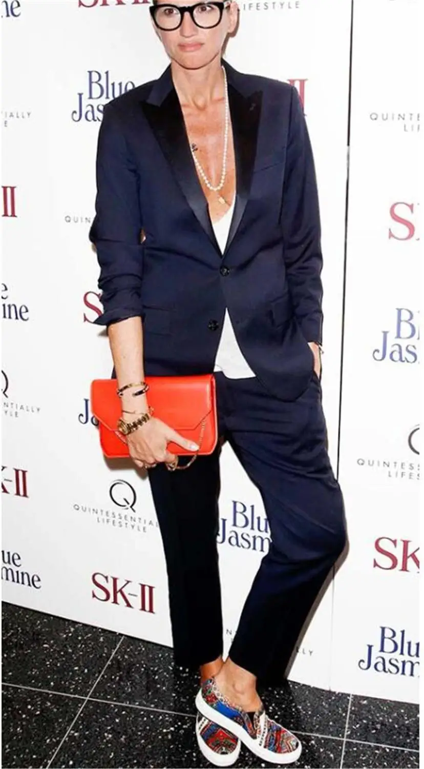 Темно-синие женские деловые брючные костюмы куртка + брюки Офисная форма