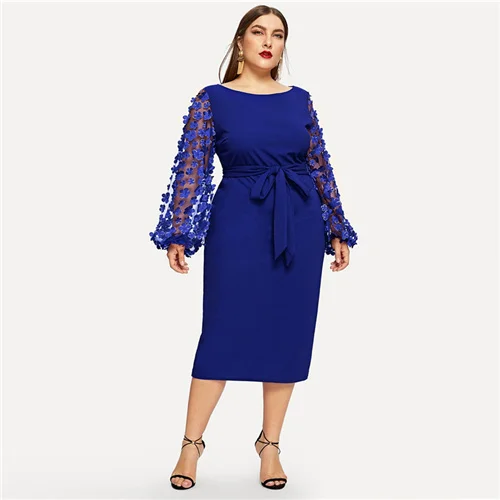 SHEIN Размера Плюс Платье Карандаш С Поясом Сетчатым Рукавом И 3D Вставкой Женские Романтические Элегантные Платья с Высокой Талией - Цвет: Синий