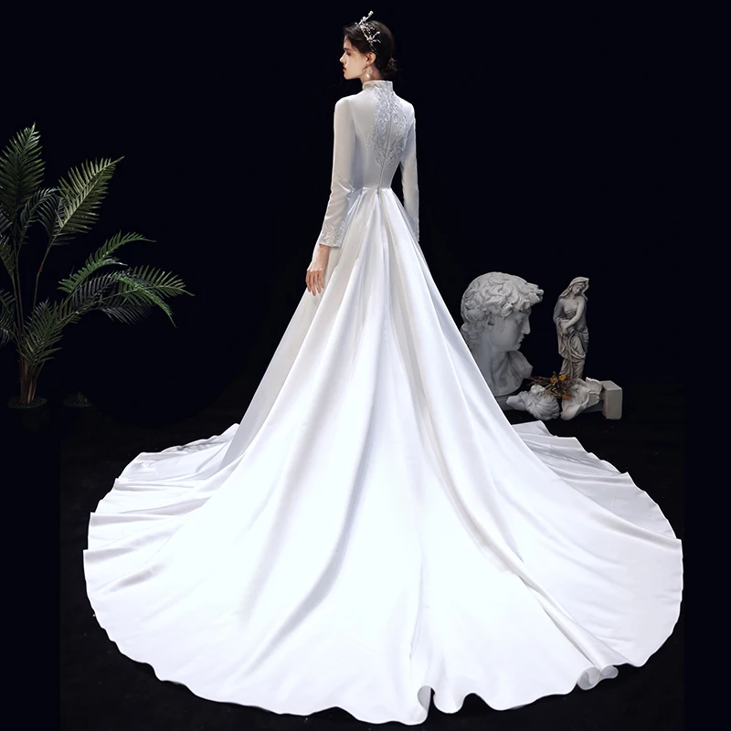 

Bridal WEDDING gown luxury satin white wedding dresses LONG SLEEVE PLUS SIZE anniversary ceremony Muslim wedding DRESS