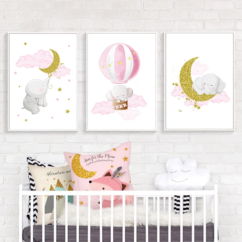 

Elephant Moon Balloon Poster Baby Nursery Wall Art Print Cartoon Canvas Painting Nordic Kids Decoration Picture Child Room Decor