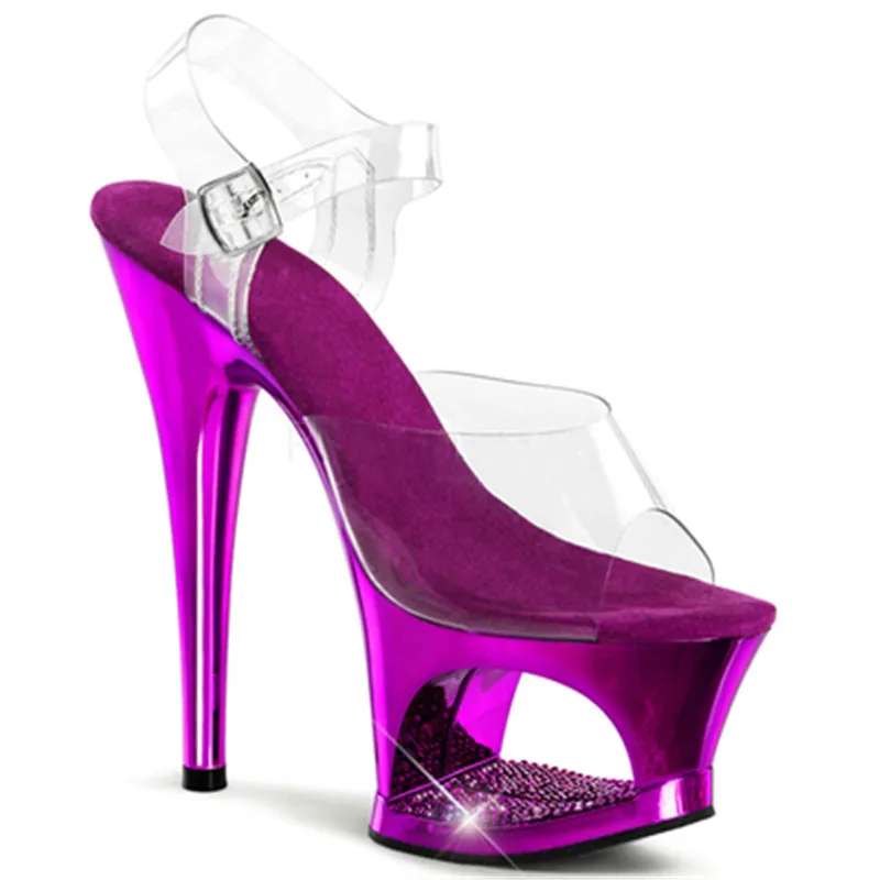 17cm transparent upper heels, purple electroplated sandals, model nightclub performance, dancing shoes