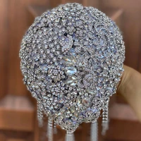 silver handmade elegant wedding bouquet decorative crystal tassel artificial silk rose flower rhinestone bride bridesmaid w0302m