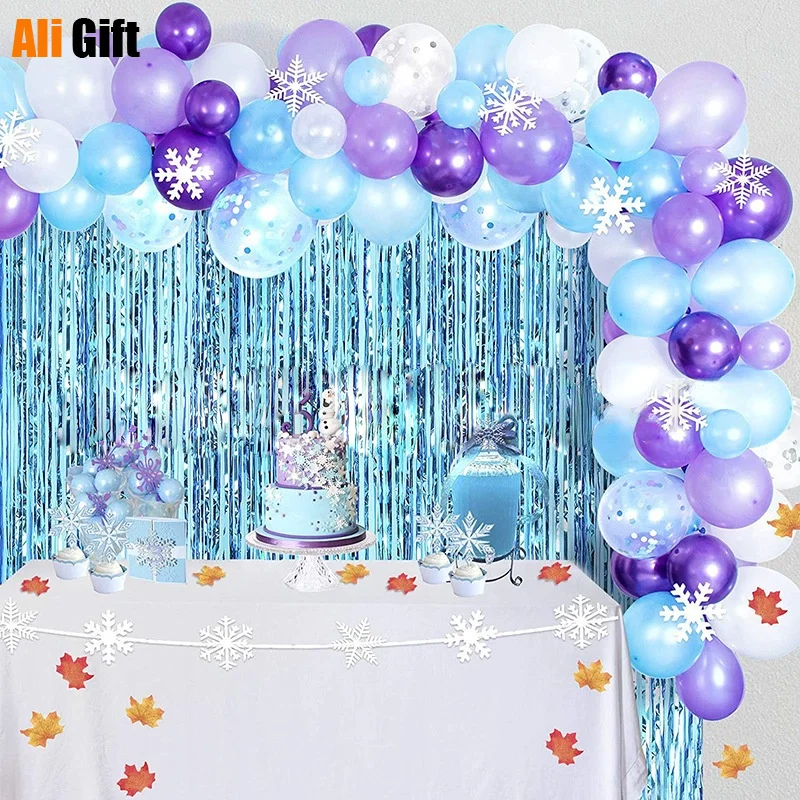 

109pcs Princess Birthday Party Decorations Christmas Snowflake Foil Balloons Arch Baby Shower Blue Curtain Wedding Decor