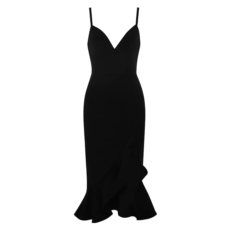 

Beateen Fashion Sexy V Neck Spaghetti Straps Sleeveless Split Asymmetric Ruffled Fishtail Dress 2019 New Women Party Dress