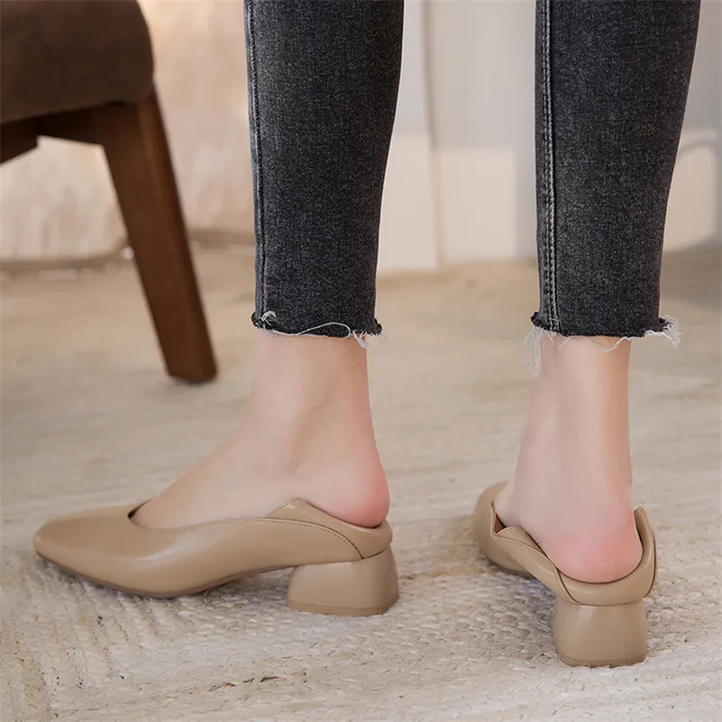 

Meotina Women Pumps Real Leather High Heels Shoes Round Toe Thick Heel Lady Footwear Shallow Dress Shoes Female Summer Beige 43
