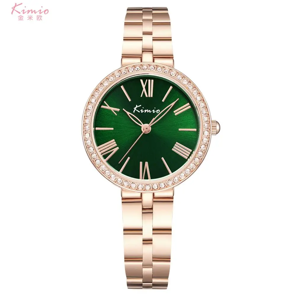 KIMIO Green Color Shining Bling Casual Sunray Dial Dianmond Smoothly Shell 304 Stainless Steel Band Female Clock Charming Relogi