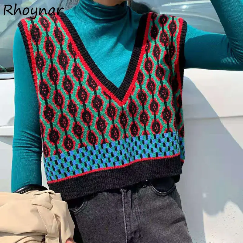 

Sweater Vest Women Vintage Patchwork Cropped Autumn French Style Ulzzang Loose All-match Cozy Preppy Cute V-neck High Street New