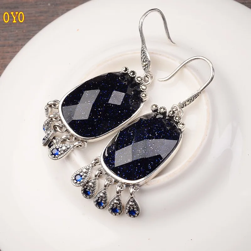 Женские серебряные серьги S925 пробы с красным корундом зеленым агатом синим