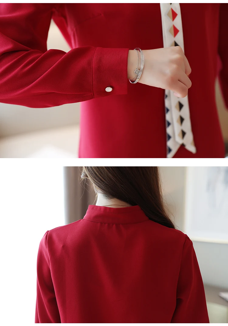 Dingaozlz blusa feminina Elegant Chiffon shirt Long sleeve Ladies blouse Red White Office lady shirt Patchwork Women Tops