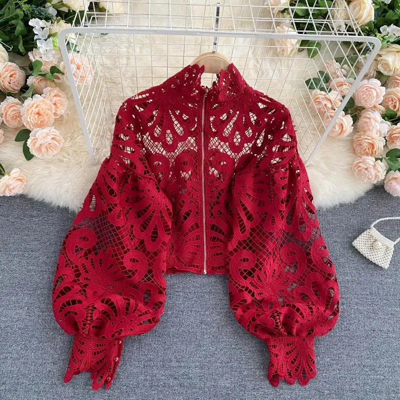 

Sexy Lace Hollow Out Short Blouse Casual Lantern Long Sleeve Stand Collar Shirts Female Elegant Red/Pink/White Loose Tops 2021