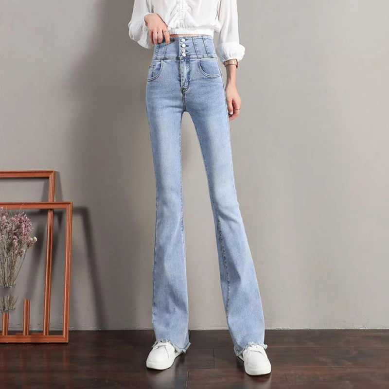 

Fashion Single-Breasted High Waist Slim Flared Jeans Women Spring Skinny Denim Bell Bottom Pants Large Size Burrs Denim Trousers