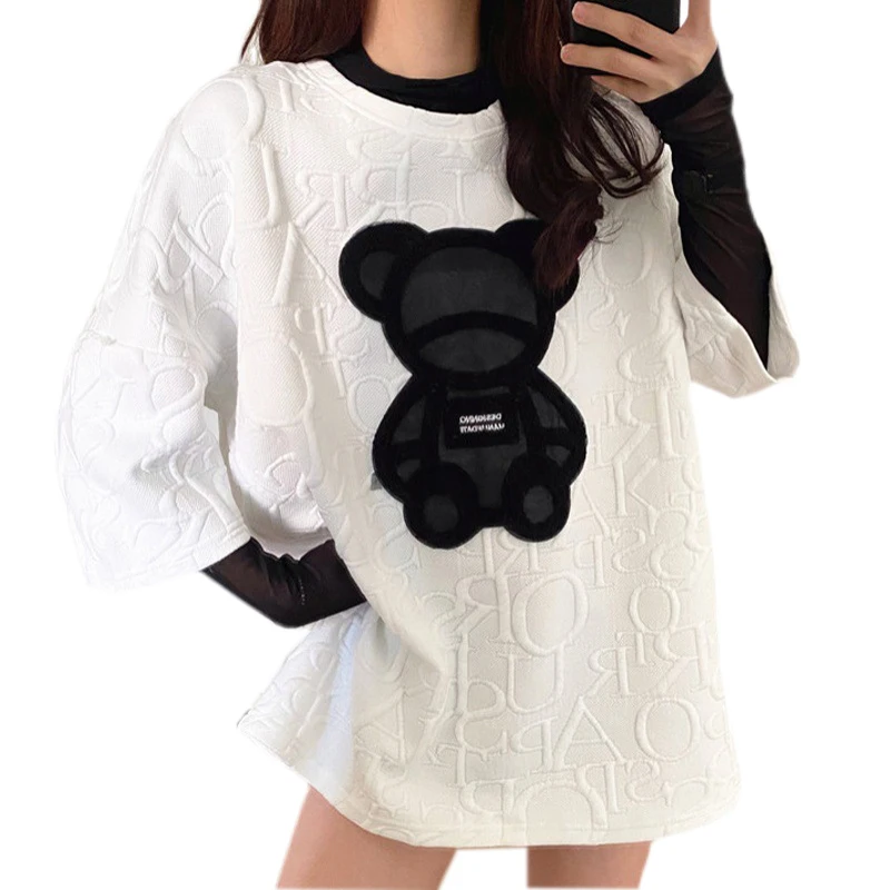 

Women's T-shirts Harajuku Kawaii Girls Tops Plus Size 2021 Letter Jacquard O-neck Short Sleeves Loose T shirt Cartoon White Tees