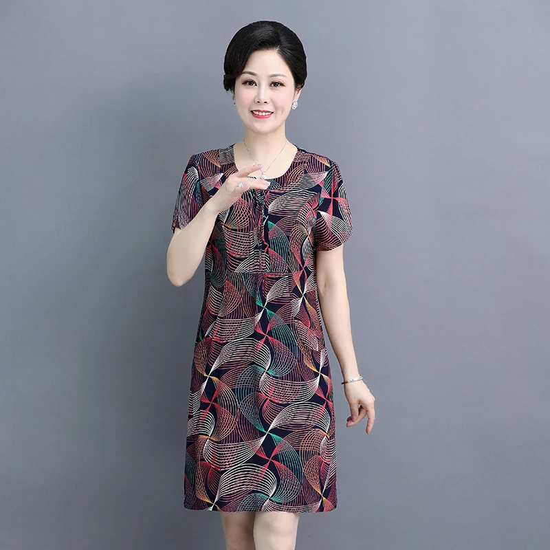 

2021 Summer Floral Print Dress O-neck Dress Short Sleeve Middle Age Women Midi Dress Plus Size Vestido Female Elegant Robe