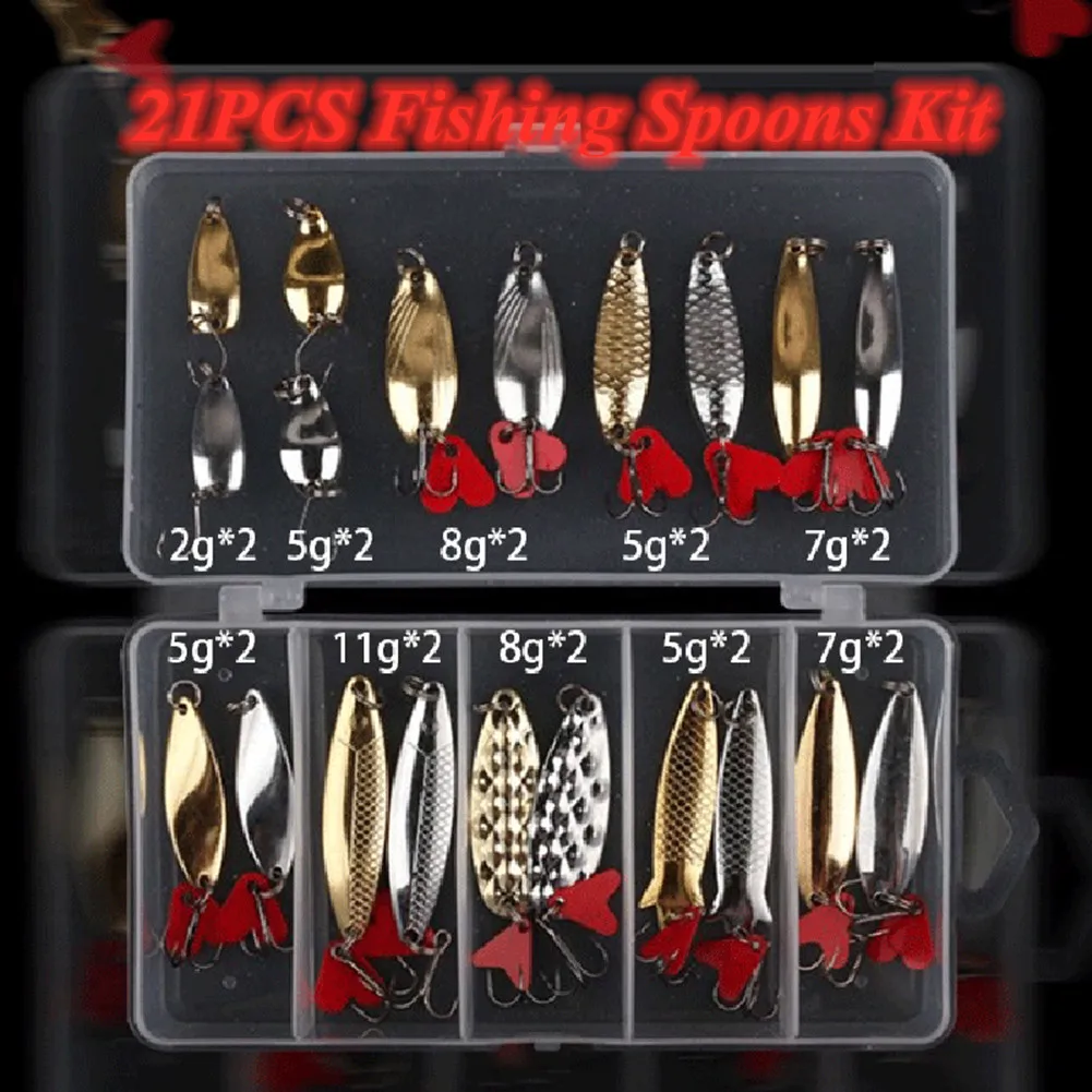 

21PCS Fishing Spoons Kit With Box Alloy Freshwater Saltwater Winter Fishing Tackle Sequins Bait Hard Spinner Jig Lures