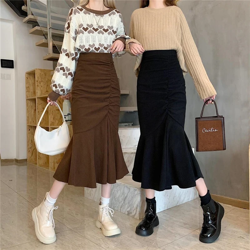 

Korean Style Women Slim Skirt Vintage High Waist Package Hip Stiching Skirt Ladies Chic Designer Shirring fishtail Skirt Female