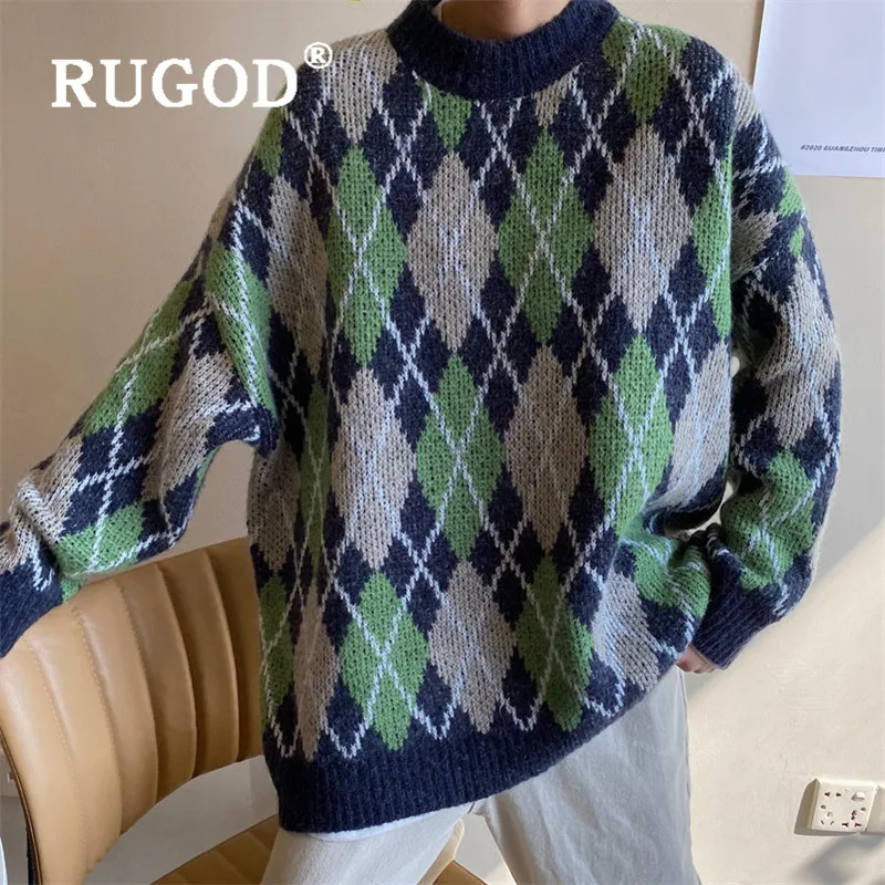 RUGOD Christmas sweater for women vintage plaid pattern oversized tunic korean chic warm knitted pullover fashion casual female | Женская
