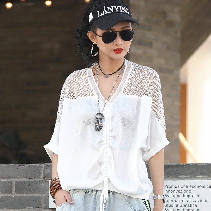 

Masss Wasss European Designer Summer Tops Ladies Vintage Punk Style Mesh Shirts Womens Casual Loose Blouses Oversized Clothing