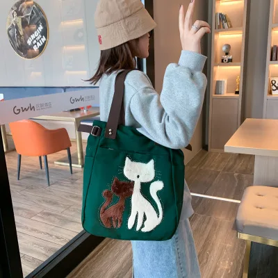 

Hot Female Canvas Casual Handbag Lovely Cat Solid Zipper Large Capacity Shoulder Bag Women's Messenger Handbag With Cat