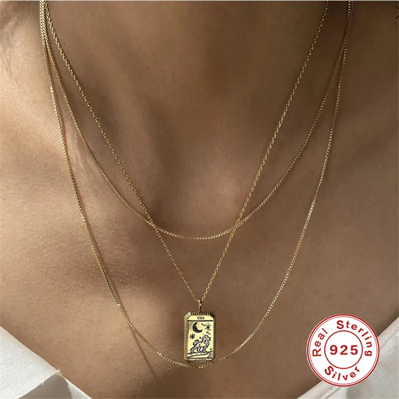 

KOJ 925 Sterling Silver Necklace For Women Collar Square Pendant Fashion Pattern Chain Choker Necklace Argent 925
