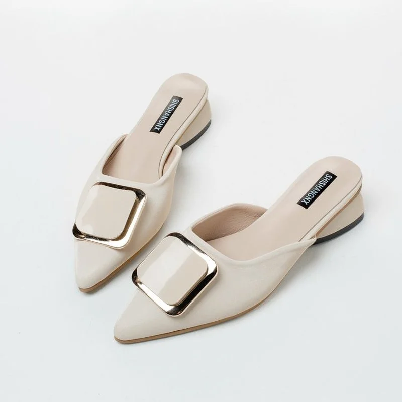 

Fashion Square Buckle Mid Heels New Summer Shoes Woman Metal Square Mid Heel Mules Shoes Female Open Slippers Women Shoes