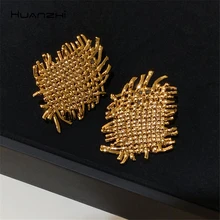 HUANZHI 2020 Retro Gold Metal Geometry Irregular Woven Texture Stud Earrings S925 for Women Girls Party Travel Jewelry Gift