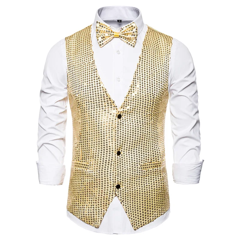 

Glitter Sequins Men Shinny Vest Nightclub Party Stage Costumes Dress Vests for Men with Bow Tie Dance Show Mens Waistcoat Gilet