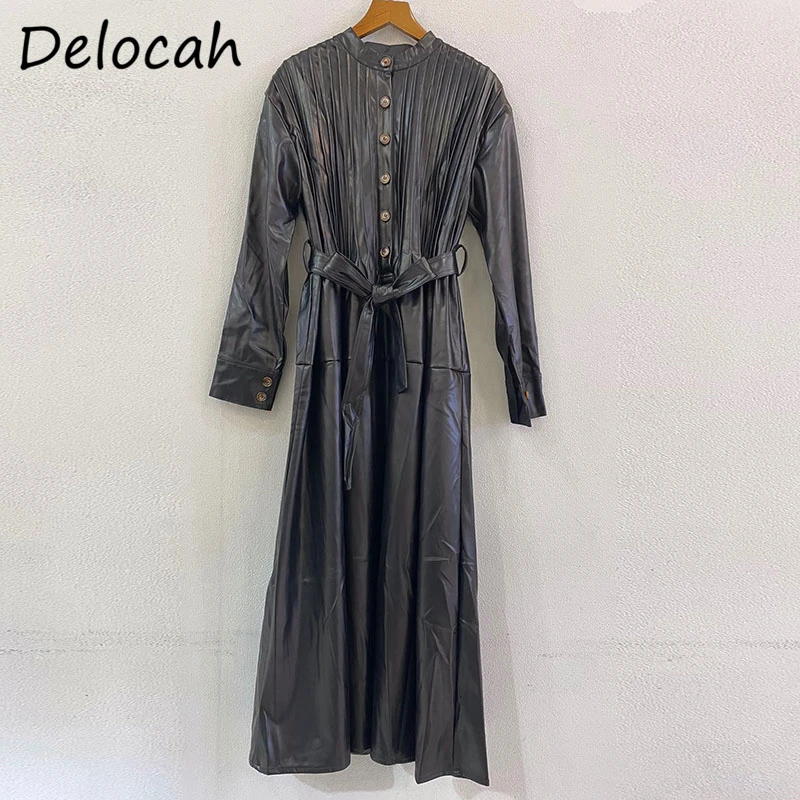 

Delocah новые 2021 осенние модные дизайнерские качественные женские Вечерние Длинное платье с длинными рукавами, однобортная, с круглой горлови...