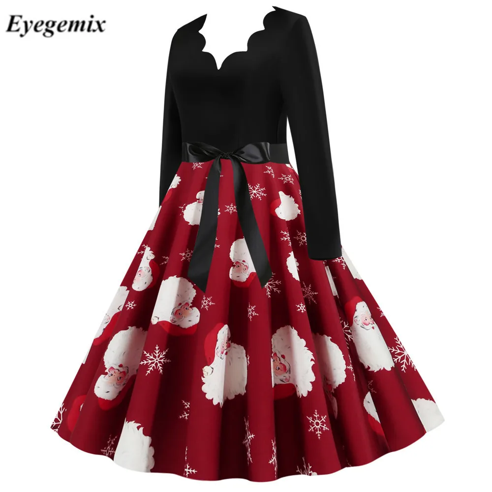 Красные большие качели печати рождественское платье женская зимняя