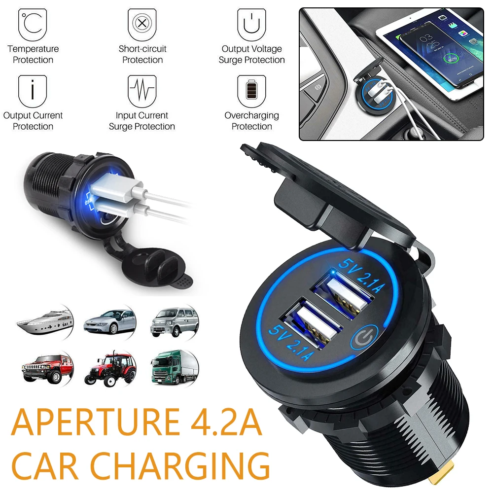 

4.2A Dual USB Fast Charger with Switch Socket Power Outlet Adapter Waterproof Dual USB Ports for Marine RV Boat Motorcycle Truck