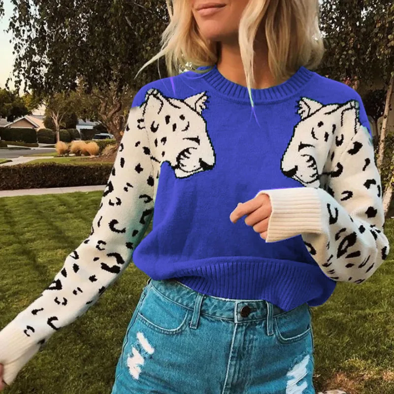 Tiger Print Long Sleeve Womens Knitted Sweater Tops Ladies Casual O-Neck Crochet 2019 Autumn Winter Knit Loose Jumper Pullover | Женская