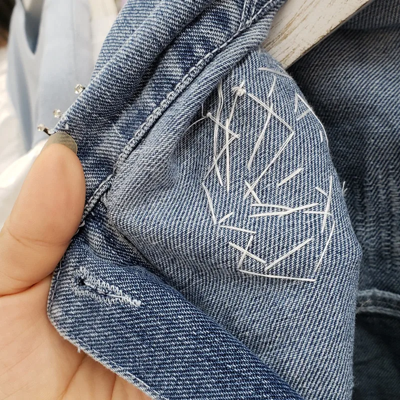 

Spring and autumn 2020 new Lapel shoulder heavy industry handmade diamond studded loose short denim jacket