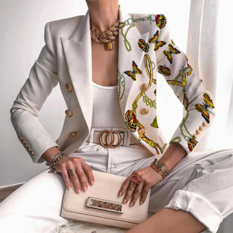 Autunno moda colletto rovesciato capispalla donna Office Lady elegante giacca con stampa farfalla giacca primavera Casual manica lunga giacca
