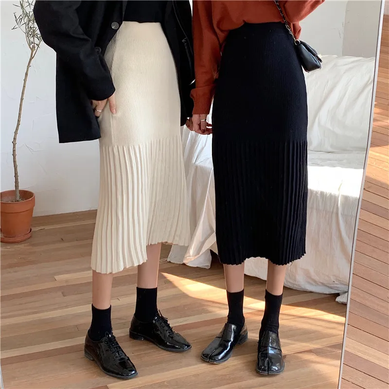 High Waist Women Skirts Irregular Striped Pleated Autumn Winter Casual Knitted Female Mid-Length 2019 | Женская одежда