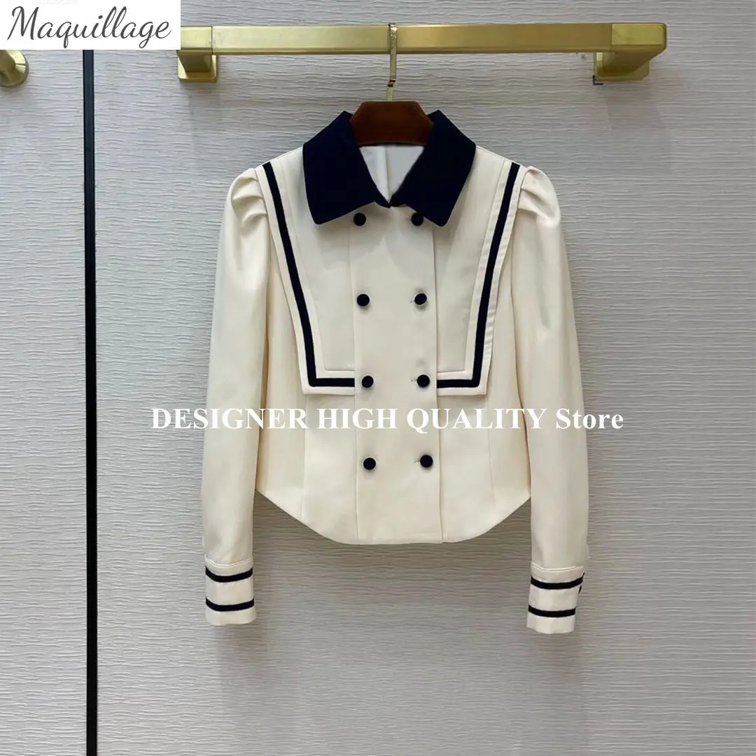 

Женская короткая куртка в стиле преппи, Весенняя двубортная винтажная куртка в полоску с отворотами и плечами