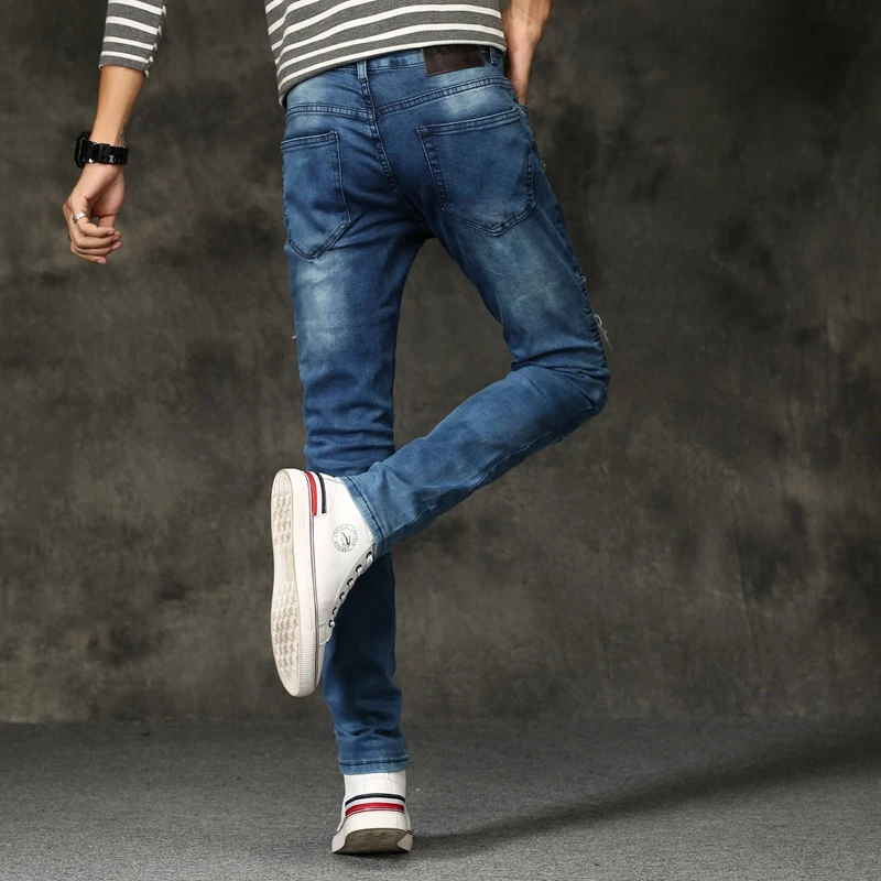 

2020 Men's Jeans Ripped Destroyed Biker Jeans Hip Hop Stretchy Denim Pants Slim Fit Male Patches Hole Male High Street Trousers