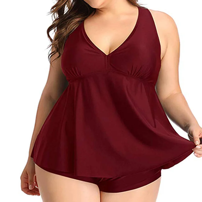 

2021 новые купальники Для женщин однотонные Двойка купальник со сборками танкини размера плюс ванный комплект Винтаж животик Управление бод...