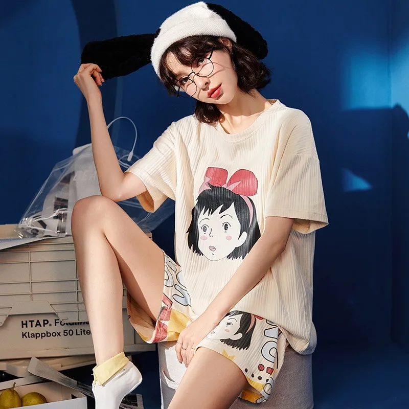 

Cotton Nightwear Femme Leisure Crew Neck Cartoon Printing Short Sleeve Short Pants Fashion Women Home Clothes Summer Pijama Set