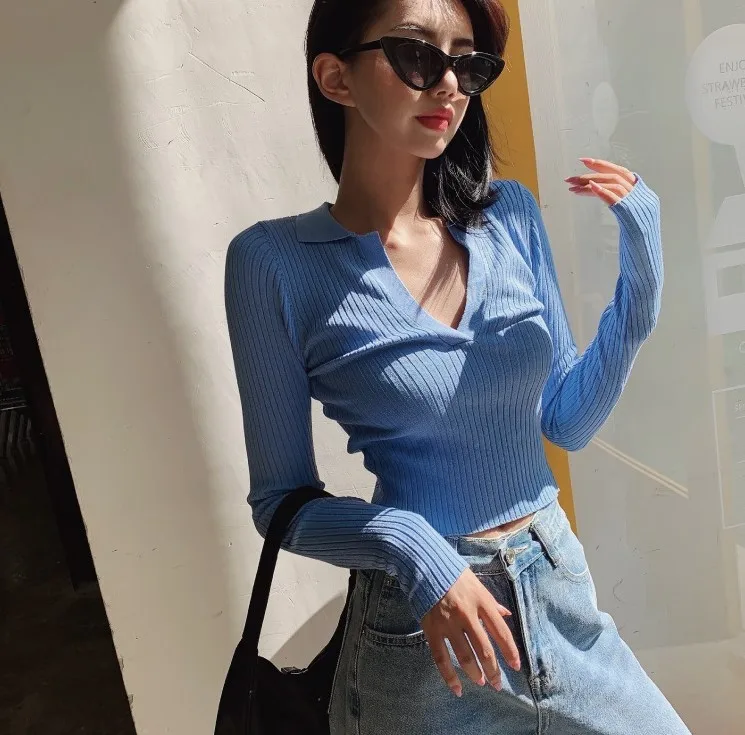 

Women's Long Sleeve Sweater 2021 Autumn New Version Chic Lapel Slim Pullover Short Tops V-neck Elegant Office Lady Sweater